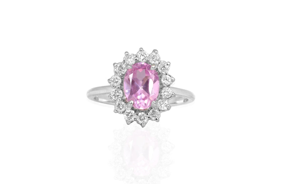 Anillo Oro Blanco Turmalina Rosa 1.70 ct y Diamantes Halo .42 ctw