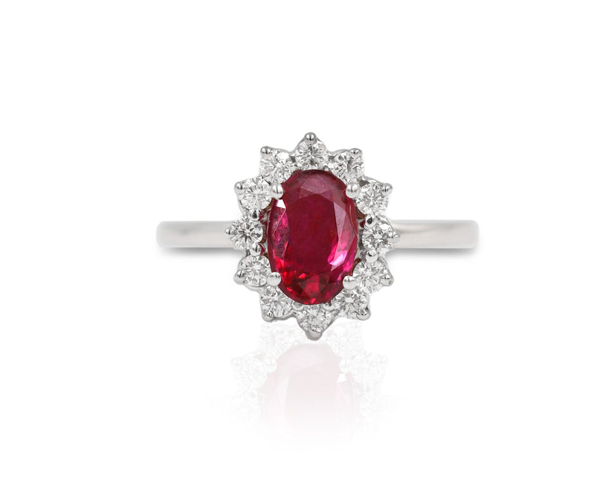 Anillo Oro Blanco Rubí 1.00 ct y Diamantes Halo .36 ctw